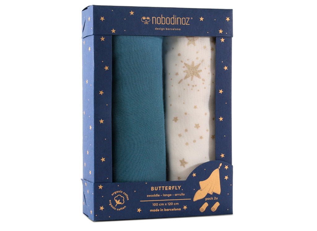 NOBODINOZ - Set of 2 lacets Butterfly in cotton. Blue pack